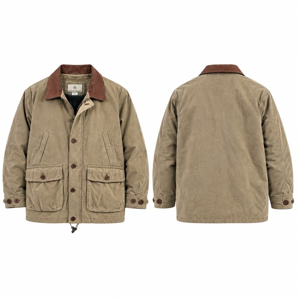 Vintage Rainforest Field Jacket Men XL Khaki Leather Collar Thermolite Barn Coat